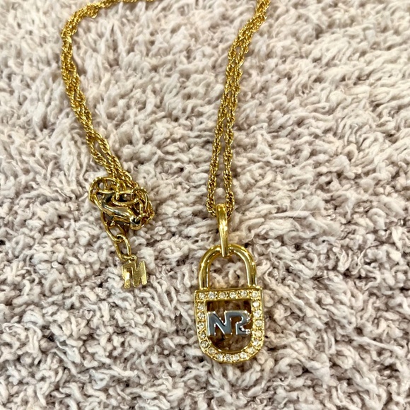 Nina Ricci Gold Two-toned Crystal Lock Necklace with Branded Chain - Picture 6 of 9